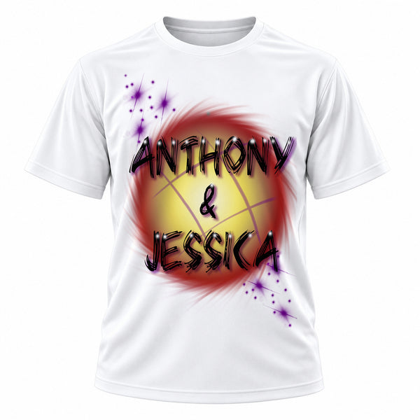 Personalized Couple Names Sunset T-Shirt, front-view T-shirt mockup featuring custom Air-Volution artwork by Mythic Airbrush