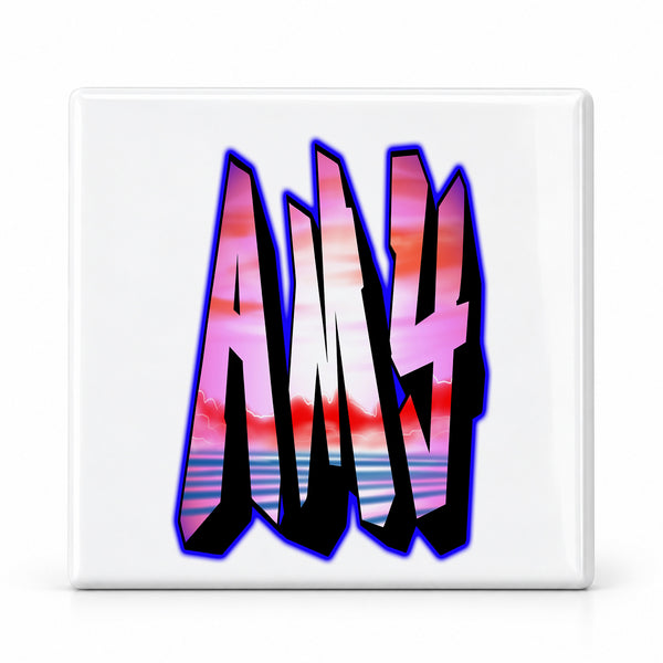 A014 Tall Block Letter Name ceramic coaster by Mythic Airbrush, original Air-Volution design — main image