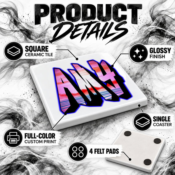 A014 Tall Block Letter Name ceramic coaster by Mythic Airbrush, original Air-Volution design — product image 3