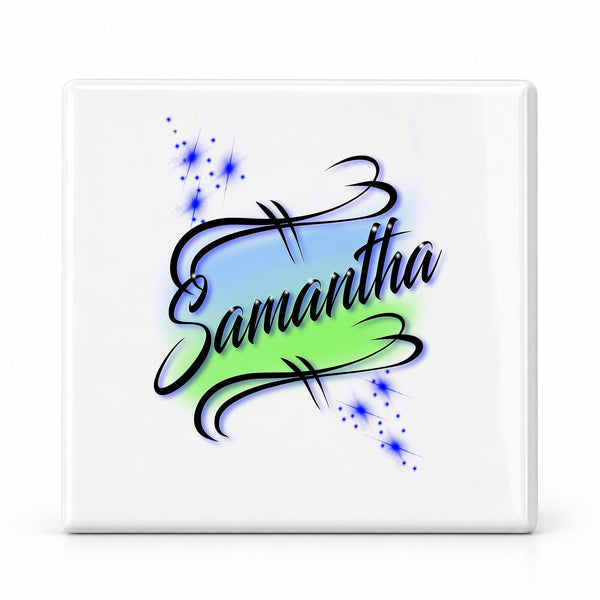 A015 Elegant Cursive Name ceramic coaster by Mythic Airbrush, original Air-Volution design — main image