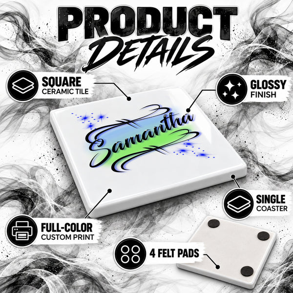 A015 Elegant Cursive Name ceramic coaster by Mythic Airbrush, original Air-Volution design — product image 3