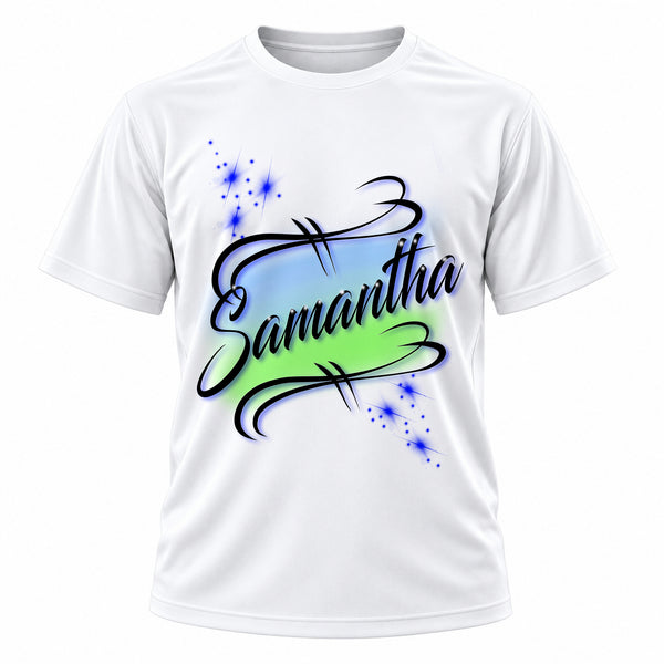 Personalized Elegant Cursive Name T-Shirt, front-view T-shirt mockup featuring custom Air-Volution artwork by Mythic Airbrush