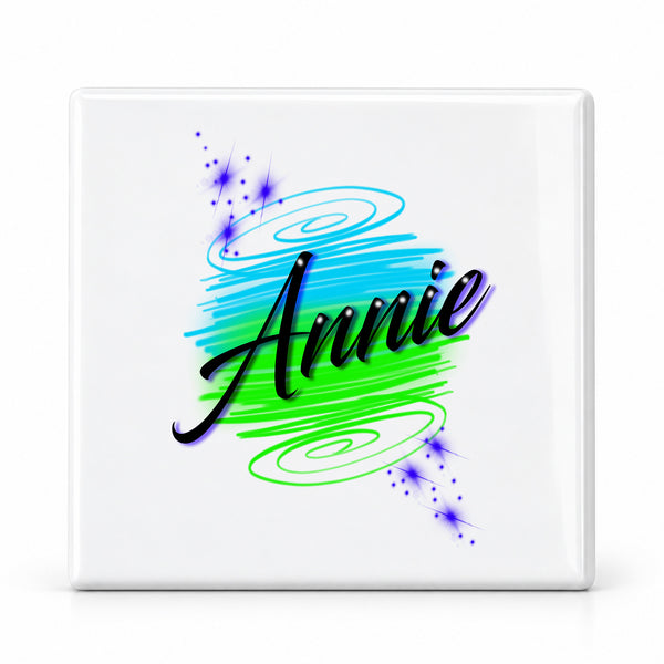 A016 Brush Script Name ceramic coaster by Mythic Airbrush, original Air-Volution design — main image
