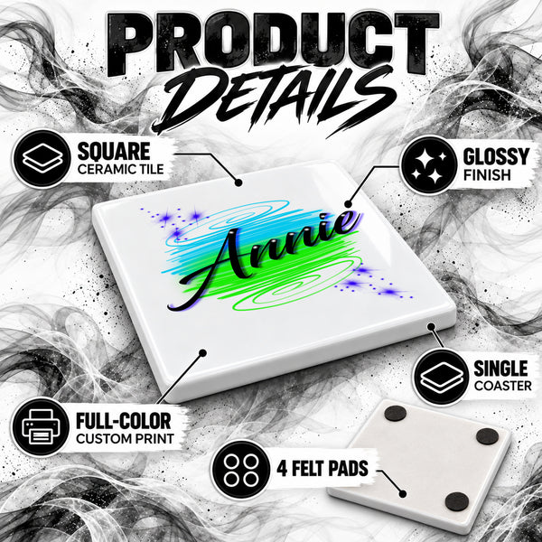 A016 Brush Script Name ceramic coaster by Mythic Airbrush, original Air-Volution design — product image 3