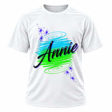 Personalized Brush Script Name T-Shirt, front-view T-shirt mockup featuring custom Air-Volution artwork by Mythic Airbrush