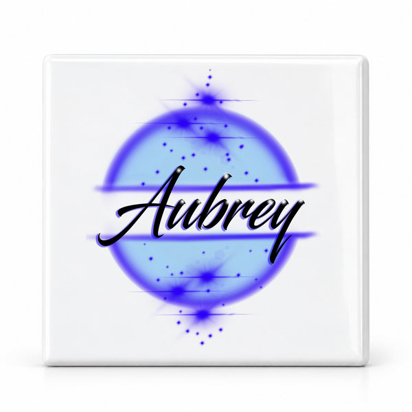 A017 Arched Cursive Name ceramic coaster by Mythic Airbrush, original Air-Volution design — main image