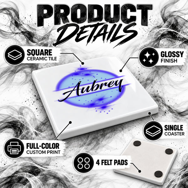 A017 Arched Cursive Name ceramic coaster by Mythic Airbrush, original Air-Volution design — product image 3