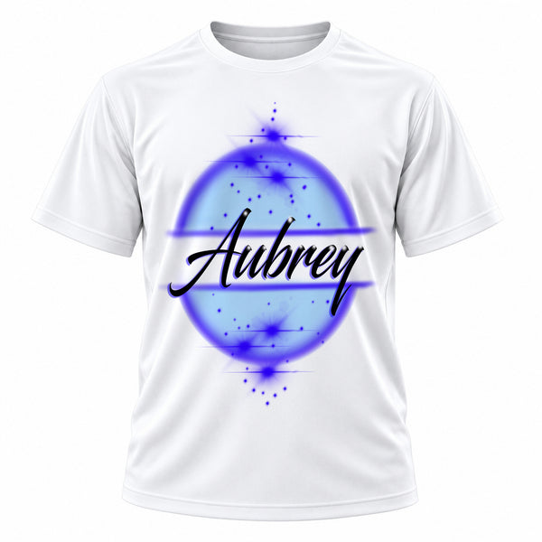 Personalized Arched Cursive Name T-Shirt, front-view T-shirt mockup featuring custom Air-Volution artwork by Mythic Airbrush