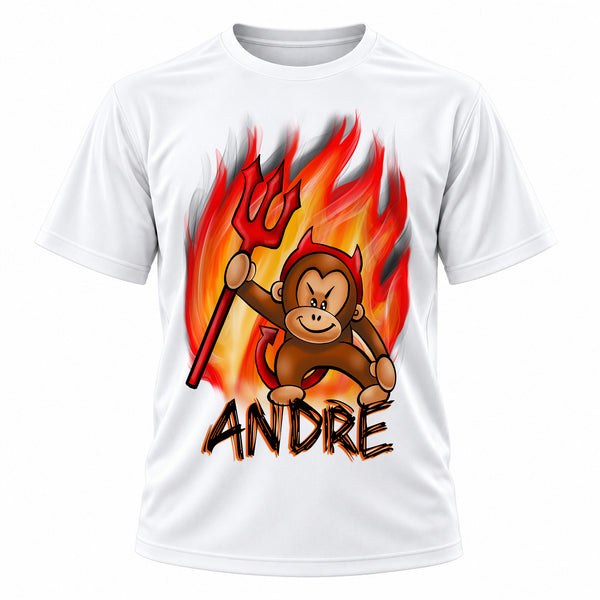 Personalized Devil Monkey T-Shirt, front-view T-shirt mockup featuring custom Air-Volution artwork by Mythic Airbrush