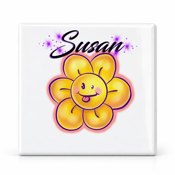 B034 Smiley Flower ceramic coaster by Mythic Airbrush, original Air-Volution design — main image
