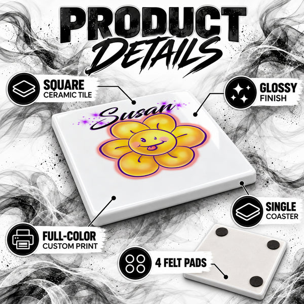 B034 Smiley Flower ceramic coaster by Mythic Airbrush, original Air-Volution design — product image 3