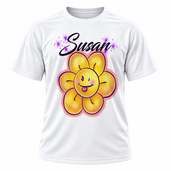 Personalized Smiley Flower T-Shirt, front-view T-shirt mockup featuring custom Air-Volution artwork by Mythic Airbrush