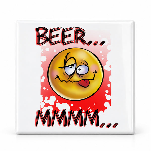 B035 Smiling Beer ceramic coaster by Mythic Airbrush, original Air-Volution design — main image