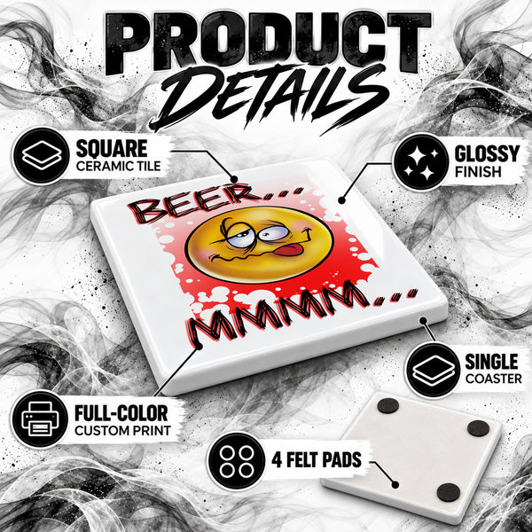 B035 Smiling Beer ceramic coaster by Mythic Airbrush, original Air-Volution design — product image 3