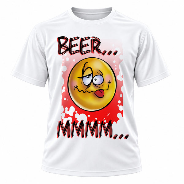 Personalized Smiling Beer T-Shirt, front-view T-shirt mockup featuring custom Air-Volution artwork by Mythic Airbrush