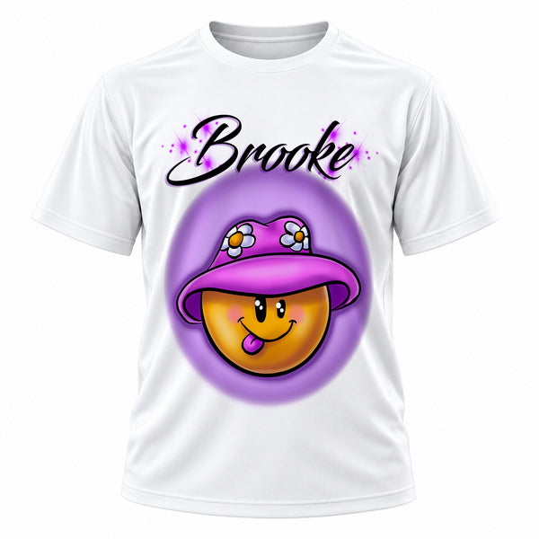 Personalized Smiley Face T-Shirt, front-view T-shirt mockup featuring custom Air-Volution artwork by Mythic Airbrush