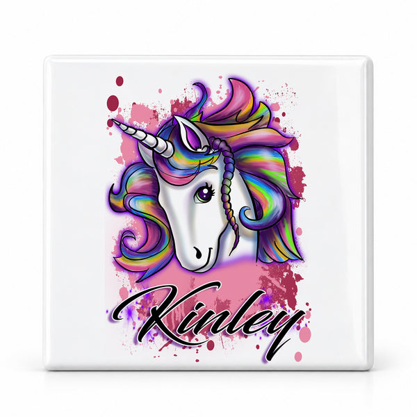 B142 Unicorn ceramic coaster by Mythic Airbrush, original Air-Volution design — main image