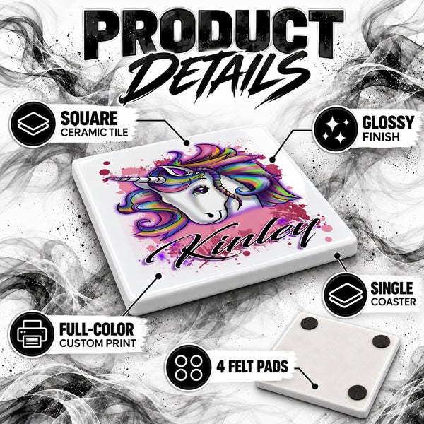 B142 Unicorn ceramic coaster by Mythic Airbrush, original Air-Volution design — product image 3