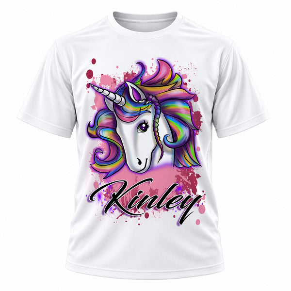 Personalized Unicorn T-Shirt, front-view T-shirt mockup featuring custom Air-Volution artwork by Mythic Airbrush