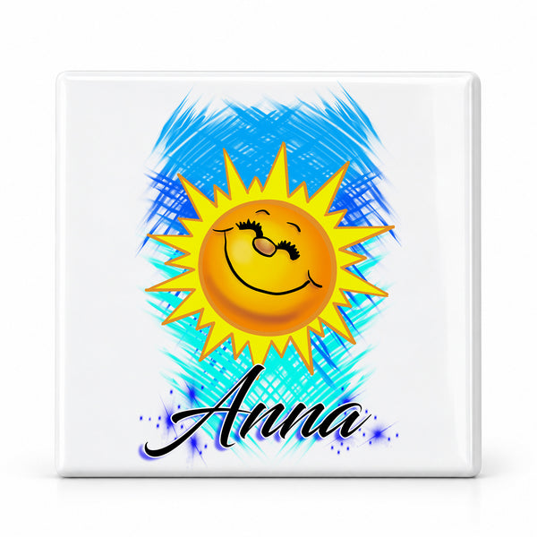 B146 Smiling Sunshine ceramic coaster by Mythic Airbrush, original Air-Volution design — main image