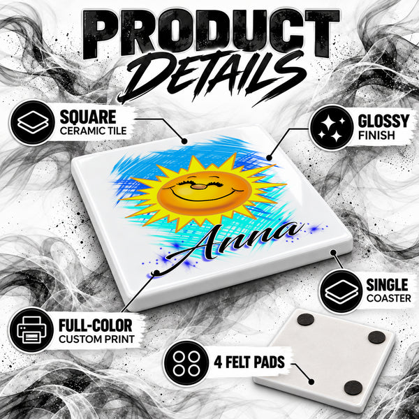 B146 Smiling Sunshine ceramic coaster by Mythic Airbrush, original Air-Volution design — product image 3