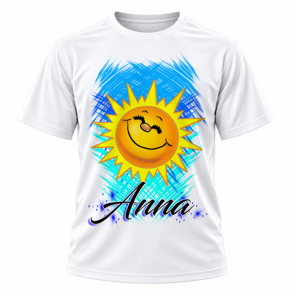 Personalized Smiling Sunshine T-Shirt, front-view T-shirt mockup featuring custom Air-Volution artwork by Mythic Airbrush