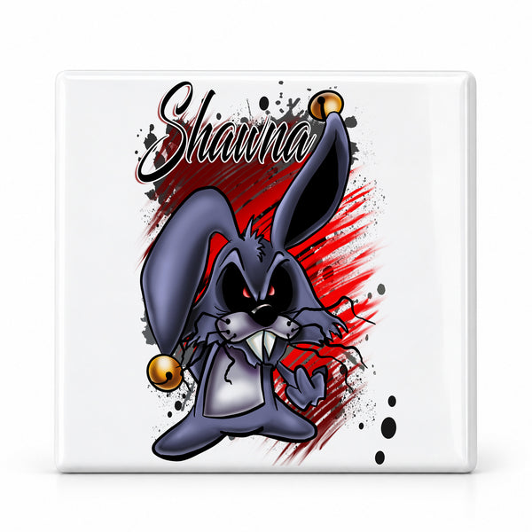 B174 Evil Rabbit ceramic coaster by Mythic Airbrush, original Air-Volution design — main image