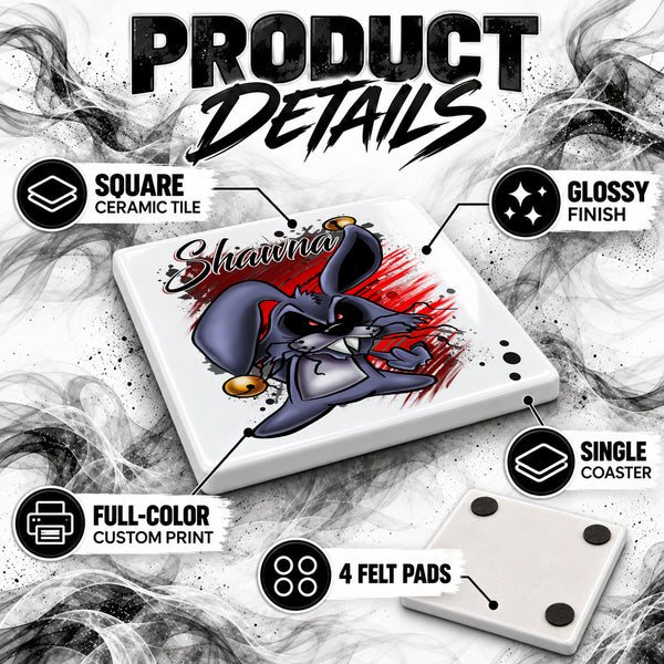 B174 Evil Rabbit ceramic coaster by Mythic Airbrush, original Air-Volution design — product image 3