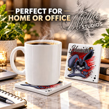 B174 Evil Rabbit ceramic coaster by Mythic Airbrush, original Air-Volution design — product image 4