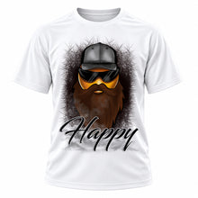 Bearded smiling face illustration on personalized graphic T-shirt, Mythic Airbrush design B201