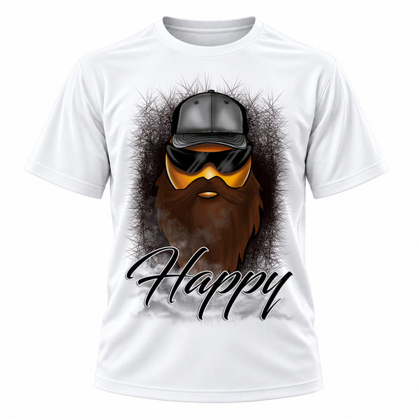 Bearded smiling face illustration on personalized graphic T-shirt, Mythic Airbrush design B201