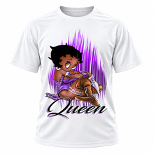 Black queen cartoon portrait on personalized graphic T-shirt, Mythic Airbrush design B206