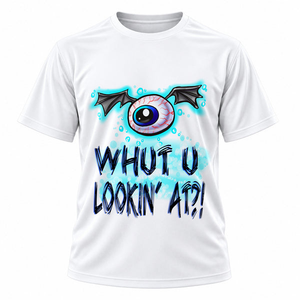 Personalized Evil Eye T-Shirt, front-view T-shirt mockup featuring custom Air-Volution artwork by Mythic Airbrush