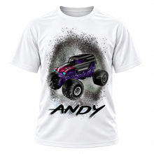 Personalized Monster Truck T-Shirt, front-view T-shirt mockup featuring custom Air-Volution artwork by Mythic Airbrush