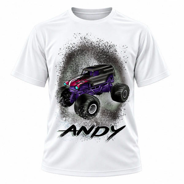 Personalized Monster Truck T-Shirt, front-view T-shirt mockup featuring custom Air-Volution artwork by Mythic Airbrush