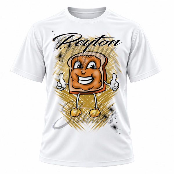 Personalized Peanut Butter Sandwich T-Shirt, front-view T-shirt mockup featuring custom Air-Volution artwork by Mythic Airbrush
