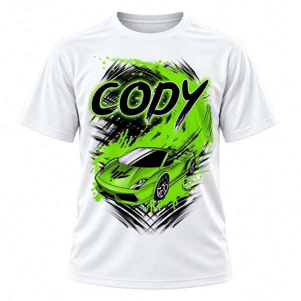Racing car character illustration on personalized graphic T-shirt, Mythic Airbrush design B253