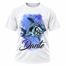 Personalized Shark T-Shirt, front-view T-shirt mockup featuring custom Air-Volution artwork by Mythic Airbrush