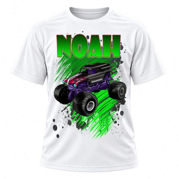 Personalized Monster Truck T-Shirt, front-view T-shirt mockup featuring custom Air-Volution artwork by Mythic Airbrush