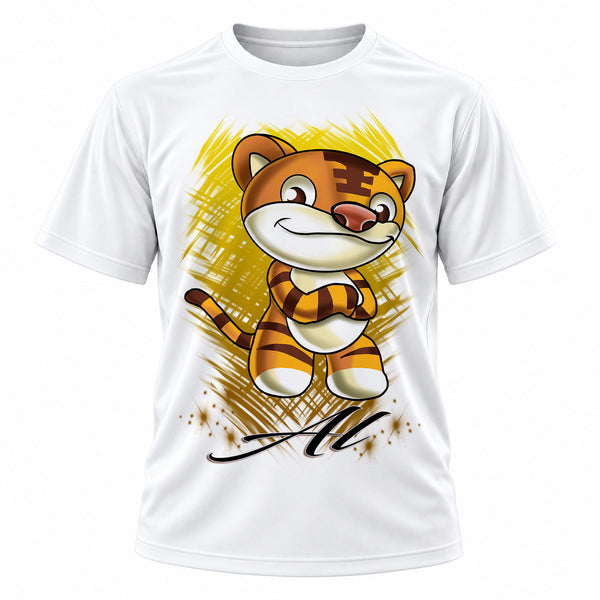 Personalized Cartoon Tiger T-Shirt, front-view T-shirt mockup featuring custom Air-Volution artwork by Mythic Airbrush