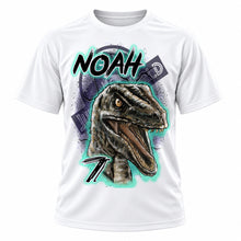 Personalized Raptor Dinosaur T-Shirt, front-view T-shirt mockup featuring custom Air-Volution artwork by Mythic Airbrush