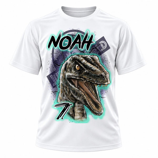 Personalized Raptor Dinosaur T-Shirt, front-view T-shirt mockup featuring custom Air-Volution artwork by Mythic Airbrush