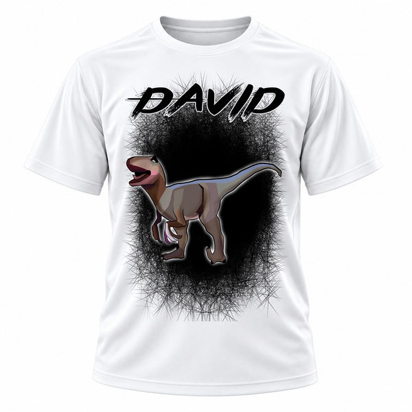 Personalized Dinosaur T-Shirt, front-view T-shirt mockup featuring custom Air-Volution artwork by Mythic Airbrush