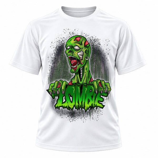 Zombie action character on personalized graphic T-shirt, Mythic Airbrush design C137