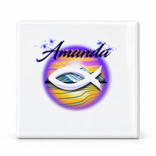 E001 Christian Fish Mountain Landscape ceramic coaster by Mythic Airbrush, original Air-Volution design — main image