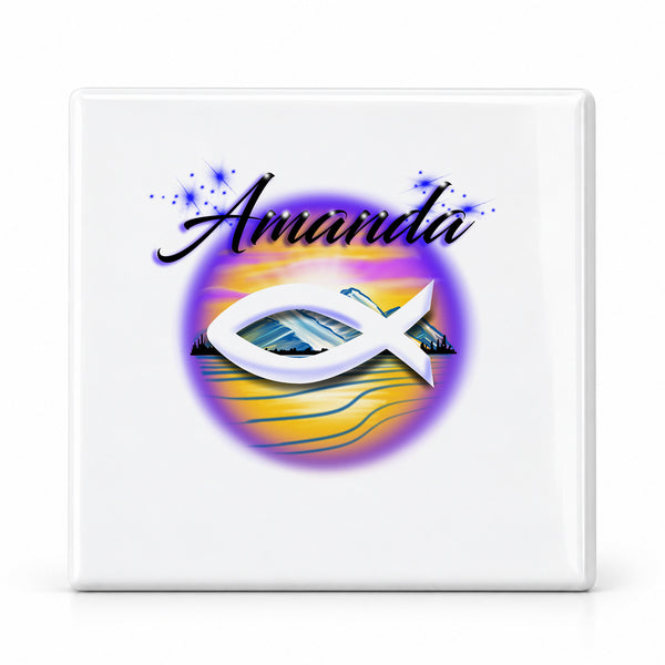 E001 Christian Fish Mountain Landscape ceramic coaster by Mythic Airbrush, original Air-Volution design — main image
