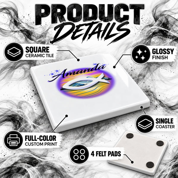E001 Christian Fish Mountain Landscape ceramic coaster by Mythic Airbrush, original Air-Volution design — product image 3