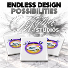 E001 Christian Fish Mountain Landscape ceramic coaster by Mythic Airbrush, original Air-Volution design — product image 6