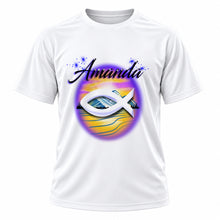 Personalized Christian Fish Mountain Landscape T-Shirt, front-view T-shirt mockup featuring custom Air-Volution artwork by Mythic Airbrush
