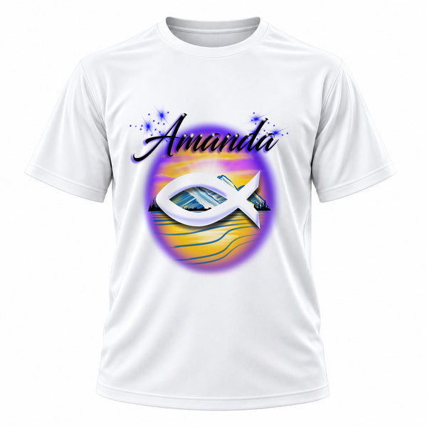 Personalized Christian Fish Mountain Landscape T-Shirt, front-view T-shirt mockup featuring custom Air-Volution artwork by Mythic Airbrush